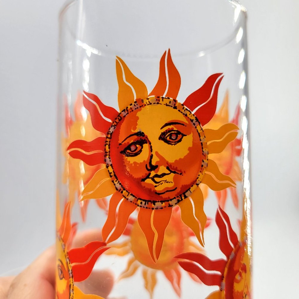 Vtg Libbey Celestial Orange Sun Sunshine Face Highball Tall Tumbler Glasses 5¾" - Picture 6 of 8